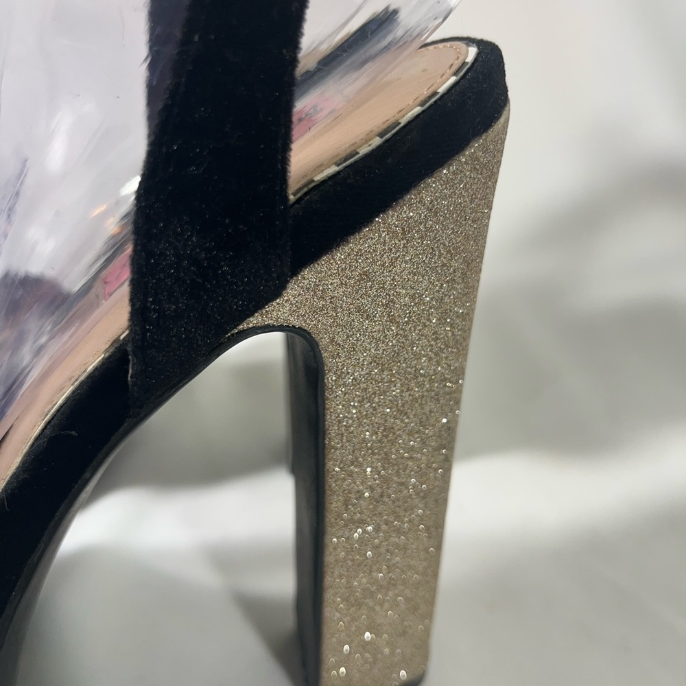BETSY JOHNSON MATTIE BLACK VELVET PLATFORM GOLD GLITTER HEELS 7.5M PREOWNED - Picture 5 of 12